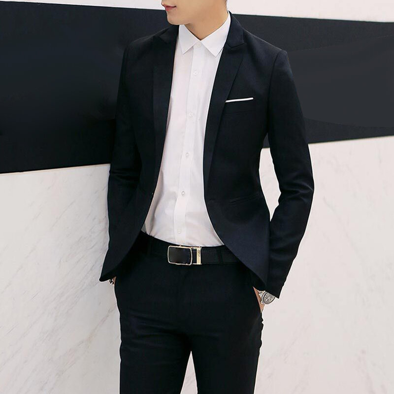 Blazer e calça de manga comprida masculina, terno monocromático, lapela, escritório, negócios, 2 peças