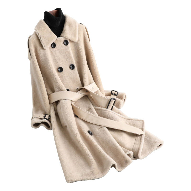 2020 Autumn Winter Real Fur Coat Women Long Jacket Korean 100% Wool Fur Coats and Jackets Women Sheepskin Belt KQN12066 KJ5158