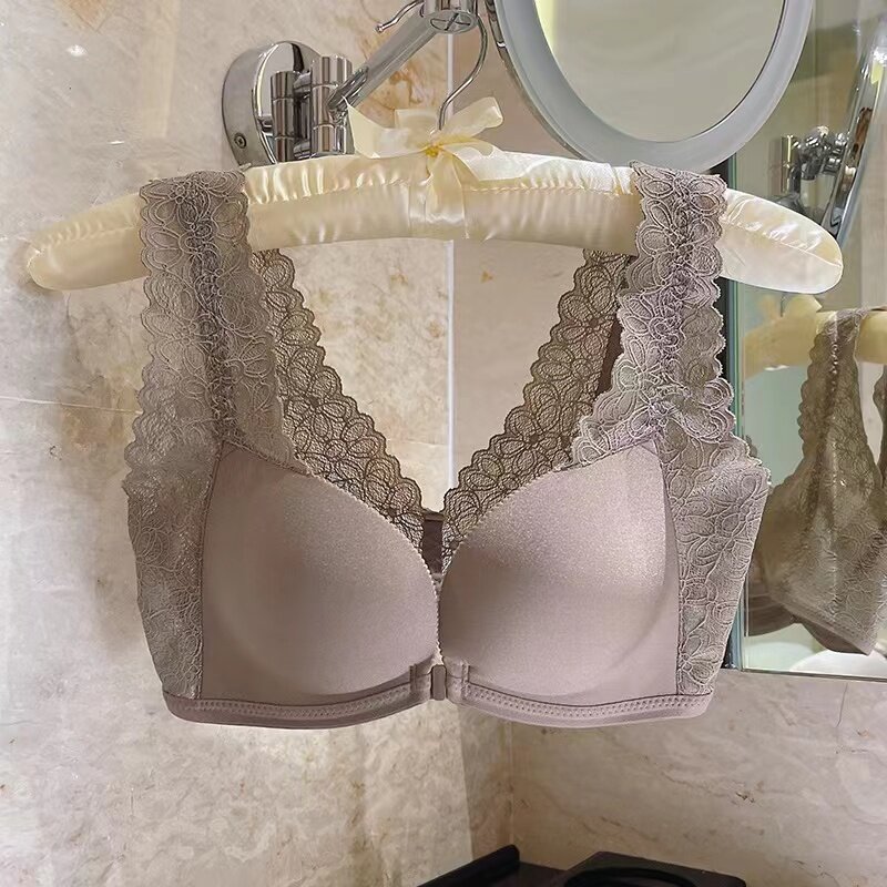 Front Buckle Sexy Lace Beautiful Back No Steel Ring Underwear Small Chest Gathered Ladies Bra Seamless Comfortable Bra Set