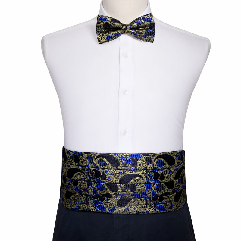 Barry.Wang Blue Bow Tie for Men Paisley Cummerbund Bow Ties Handkerchief Cufflinks Cummerbund Waist Belt for Wedding YF-1025