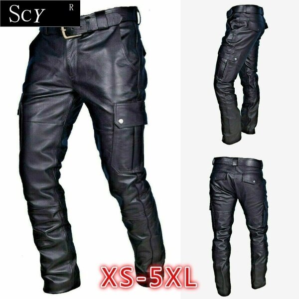 Men's Leather Motorcycle Pants with Cargo Pockets, Black, Leather Motorcycle Pants  No Belt