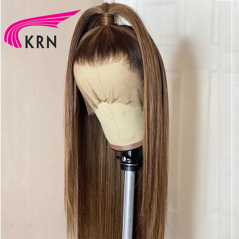 KRN Wig renda 13X4 berwarna coklat Ombre Wig renda penutup rambut lurus sutra Wig dengan bagian gratis Wig rambut Brasil tanpa lem