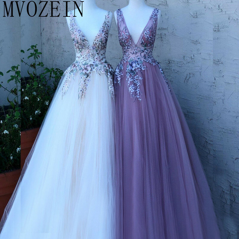Elegant Long Prom Dress 2019 Deep V-Neck Lace Appliques Tulle Floor Length Prom Party Dresses Vestido de festa Longo