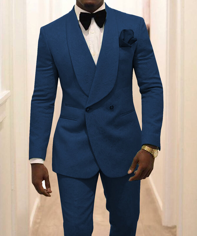ホワイト/ブルー/ロイヤルブルー男性のスーツ 2 枚-ジャカードタキシード花婿の付添人の男性スーツ結婚式のための (ジャケット + パンツ)