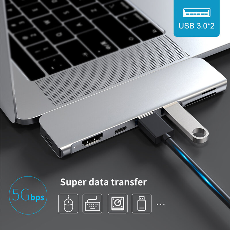 USB 3.1 نوع-C Hub إلى HDMI محول 4K Thunderbolt 3 USB C Hub مع Hub 3.0 TF SD قارئ فتحة PD ل MacBook Pro/Air 2018 - 2020