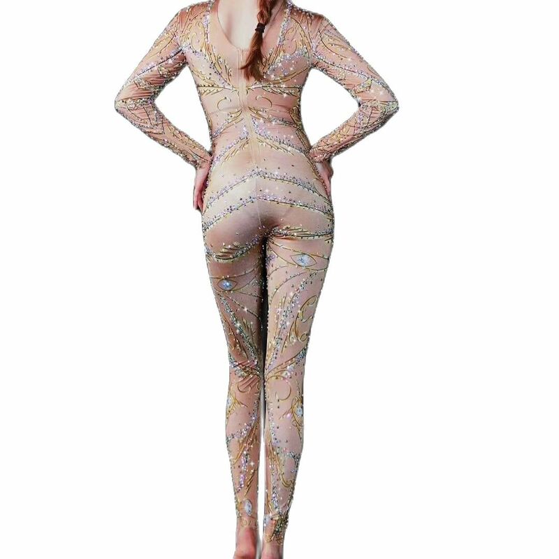Luxurious Golden Crystal Rhinestone Jumpsuits Women DJ Nightclub Outfit Female Dancer Stage Show Long Sleeve Bodycon Costume