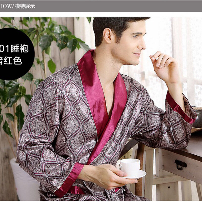 Men's Robe Nightgown Satin Kimono Bathrobe Gown Casual Sleepwear Plus Size 3XL 4XL 5XL Print Gold Home Dressing Gown