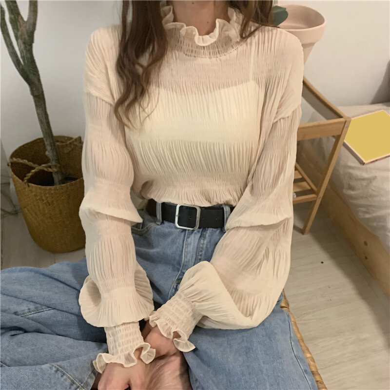 Women Solid Long Sleeve Chiffon Tops Female Casual Vintage Butterfly Sleeve Shirts Ladies Korean Ruffled Blouses Blusas Mujer