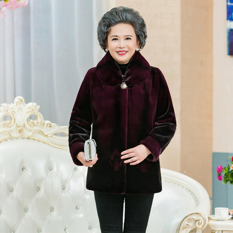Haining Mantel Bulu Wanita 2022 Baru Ibu Usia Menengah dan Tua Memakai Mantel Bulu Mewah Imitasi Tebal 6XL Jaket Hangat Mantel Musim Dingin