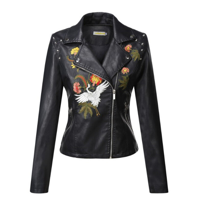 Jaqueta de couro PU bordado flores femininas, casacos motociclista preto, gola virada para baixo, Tops com zíper rebite, roupas de outono