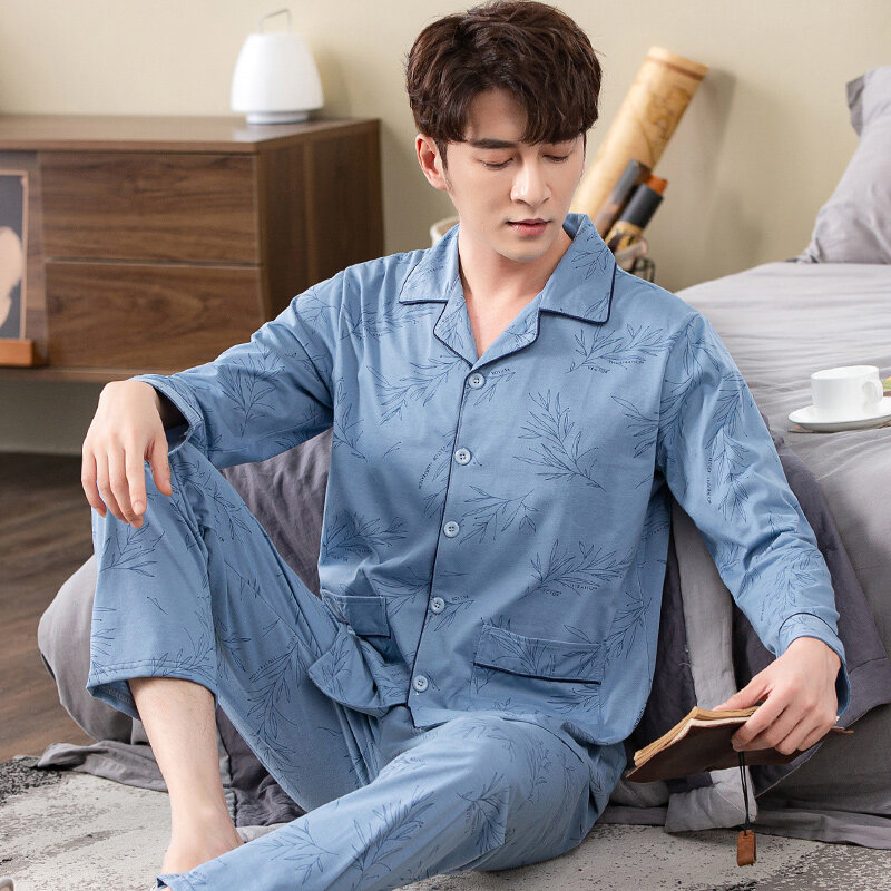 Impressão masculina pijamas manga longa algodão primavera e outono cardigan pijamas masculinos elegantes grandes jardas 4xl terno doméstico masculino juventude