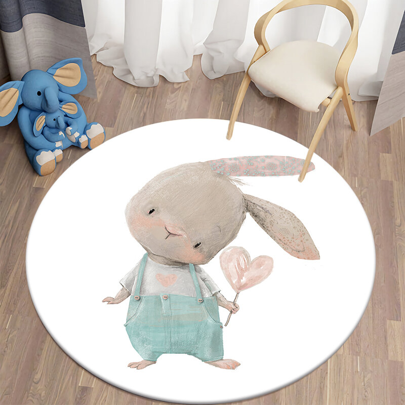 Decorative Carpet Cartoon Bunny Printed Area Rugs Round Carpet for Living Room Floor Mat Flannel Anti-Slip Mat for Children