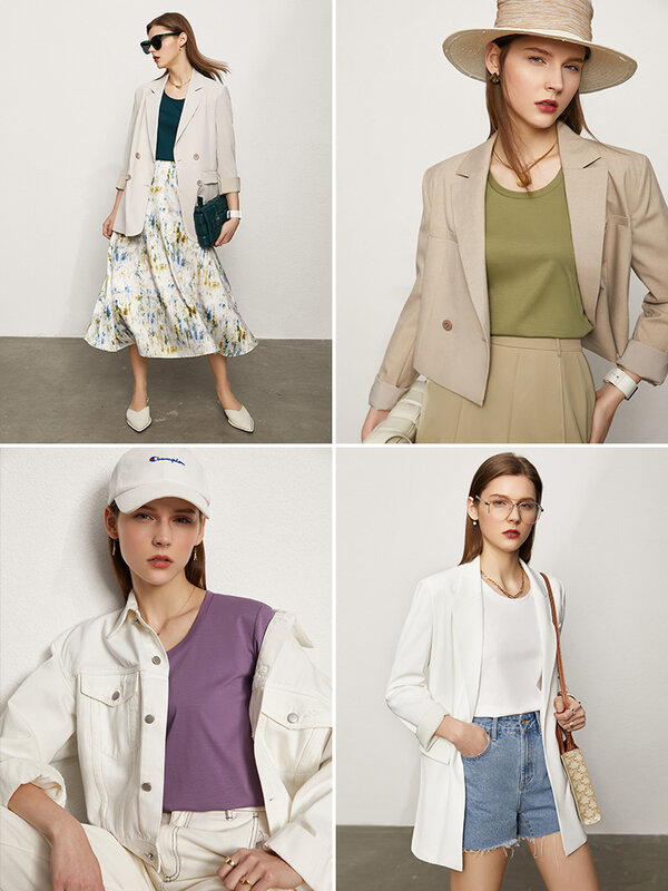 Amii – t-shirt minimaliste pour femmes, 100% coton, Patchwork, col en v, froid, été, 12130138