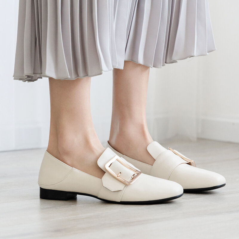 Loafers de alta qualidade real das mulheres primavera nova inglaterra estilo couro vaca elegante escritório senhora praça fivela sapatos planos
