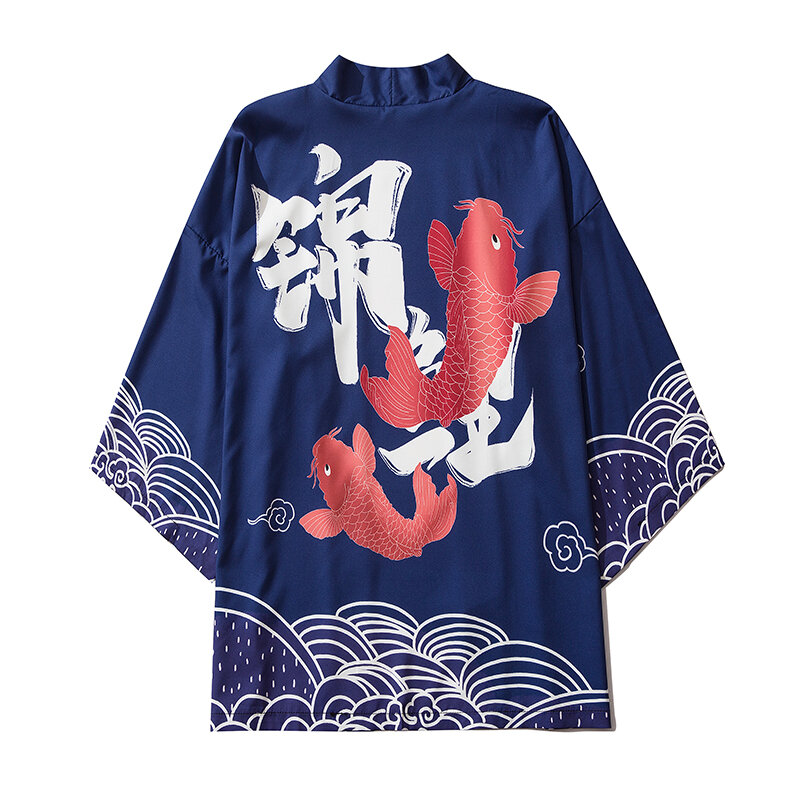 Tradycyjna japonia odzież czarny kardigan Kimono kobiety mężczyźni japoński Obi mężczyzna Yukata męska Haori japońska fala karpia z powłoką drukowaną