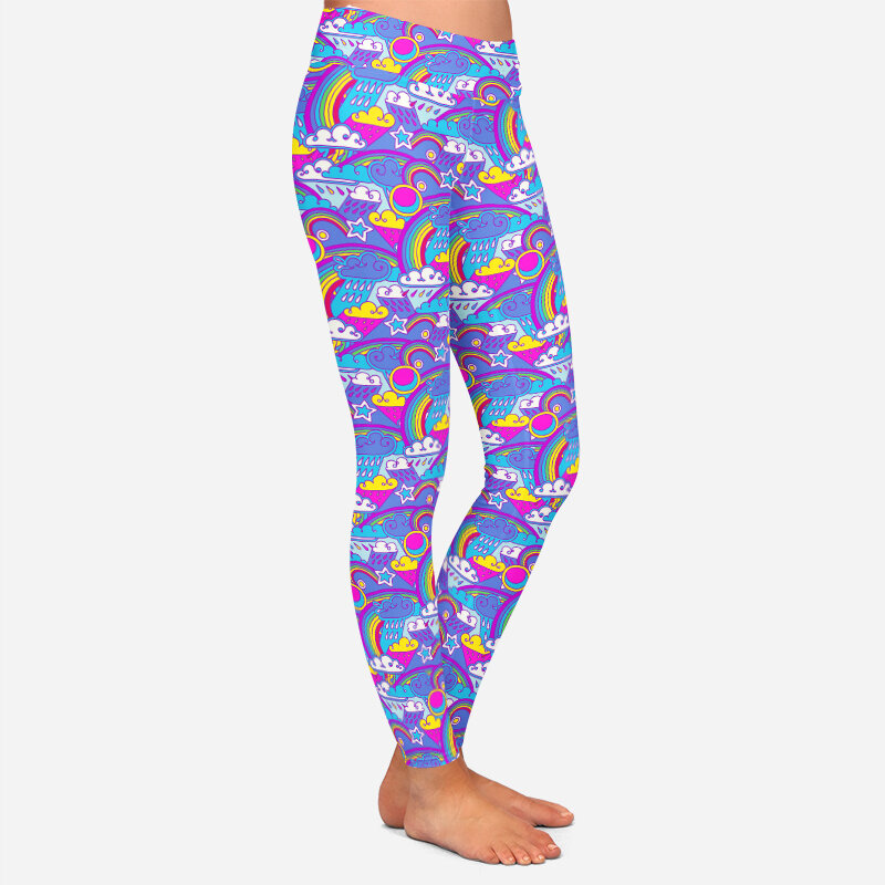 Letsfind 2021 nova alta quaility menina leggings de fitness 3d chuva e arco-íris doodle imprimir cintura alta leggings femininas