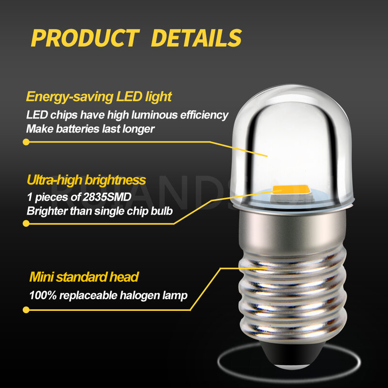 Ampoule LED de remplacement pour lampe torche, lampe de poche, lampe de sauna, moteur de vélo, blanc chaud, mise à niveau, MinMob2835, E10, 4x, 3V, 4.5V, 6V, 12V