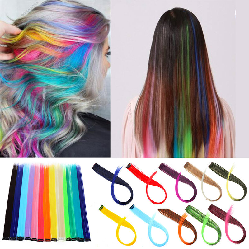 Lupu sintetico colorato arcobaleno lungo Clip diritta nelle estensioni dei capelli capelli finti da donna resistenti al calore