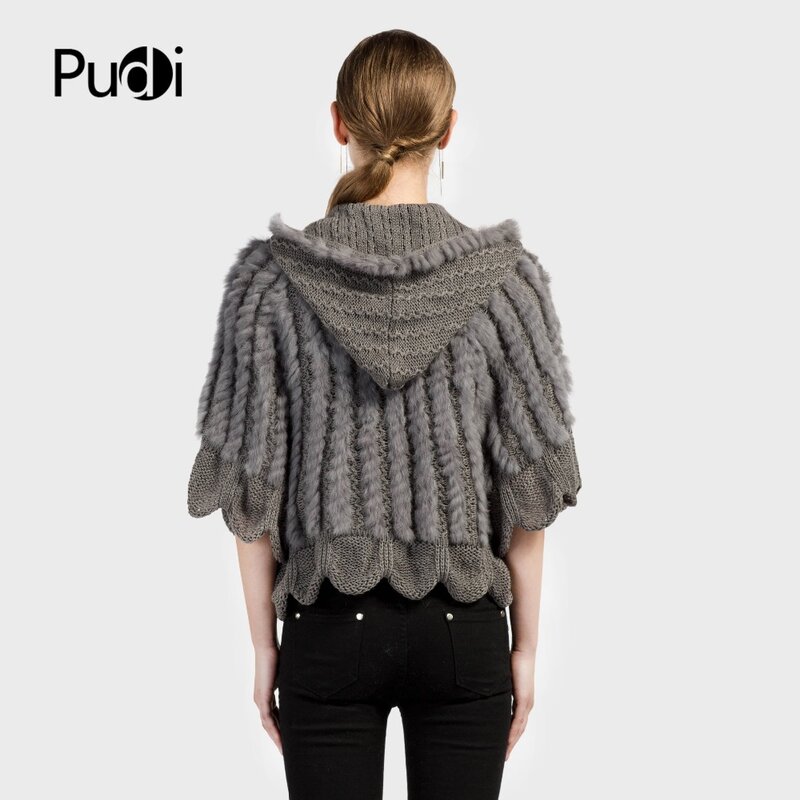 CT7023 Mantel Rajutan Bulu Kelinci Fashion Baru Sweter Wanita Rusia dengan Tudung Abu-abu