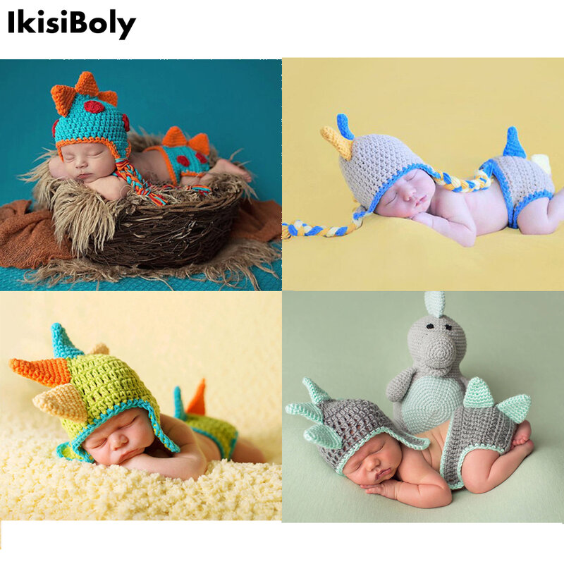 Fotografowania noworodków rekwizyty niemowląt chłopców dinozaur sesja zdjęciowa akcesoria nowy Bebe Handmade kostium nowa odzież z dzianiny dla niemowląt