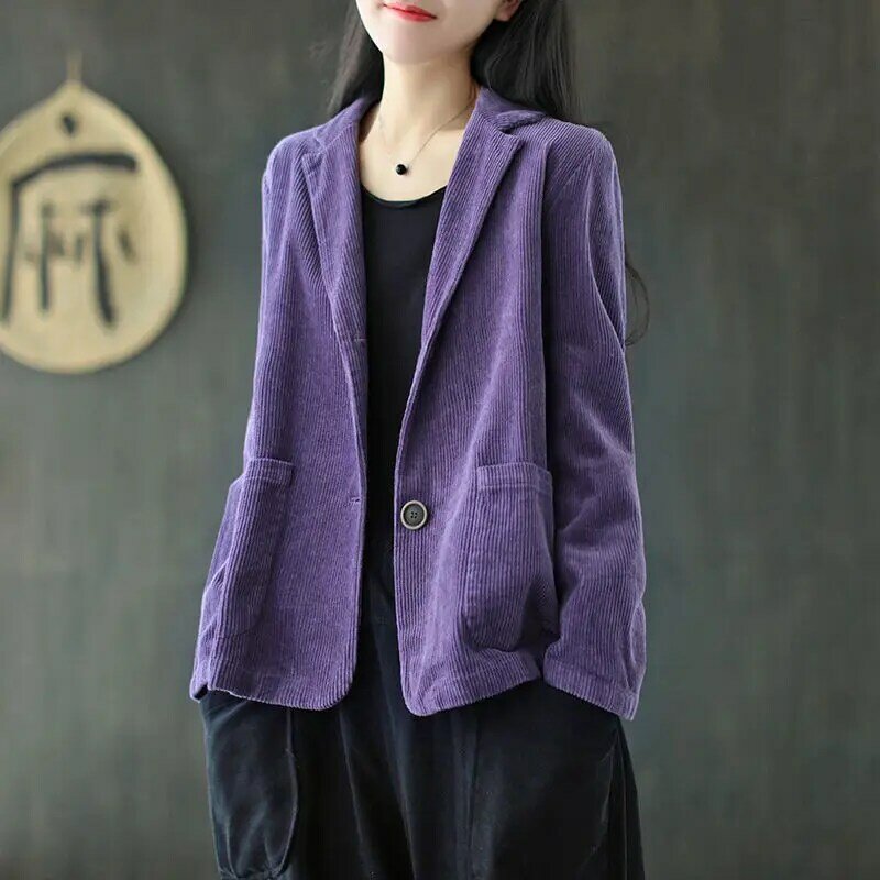 Вельветовая куртка в стиле Харадзюку, однотонная Милая Корейская Повседневная куртка-Кардиган с длинным рукавом, воротником с лацканами и двойными карманами