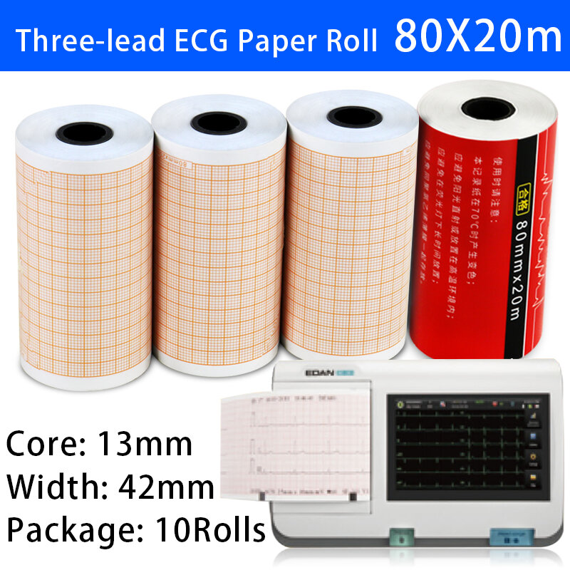 Papel de impresión ECG para uso médico, impresión térmica individual de tres y seis conductores, 80x20m, 50x20m, 63x30m, 112x20m, 10 rollos por caja