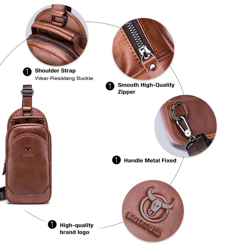 BULLCAPTAIN 100% Genuine Leather Messenger Shoulder Bag Men's Chest Bag Multifunctional Casual Fashion Messenger Handbag 06