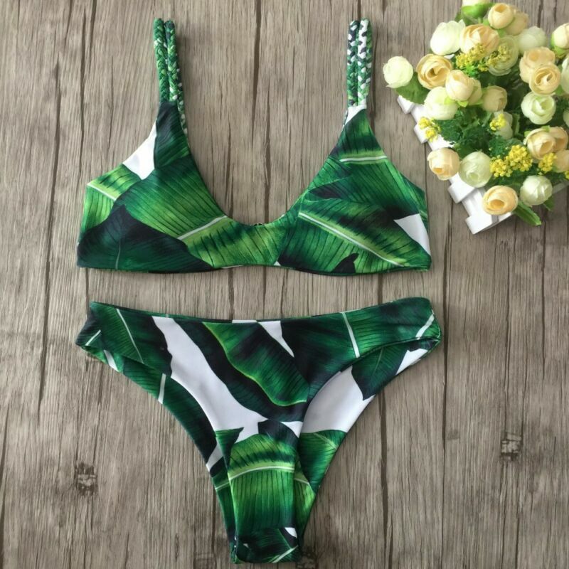 Hirigin Leaves Print Bikini Sets Women Swimwear Sexy Push Up Padded Bandage Bra High Waist Thong Swimsuit Beachwear Bathing Suit
