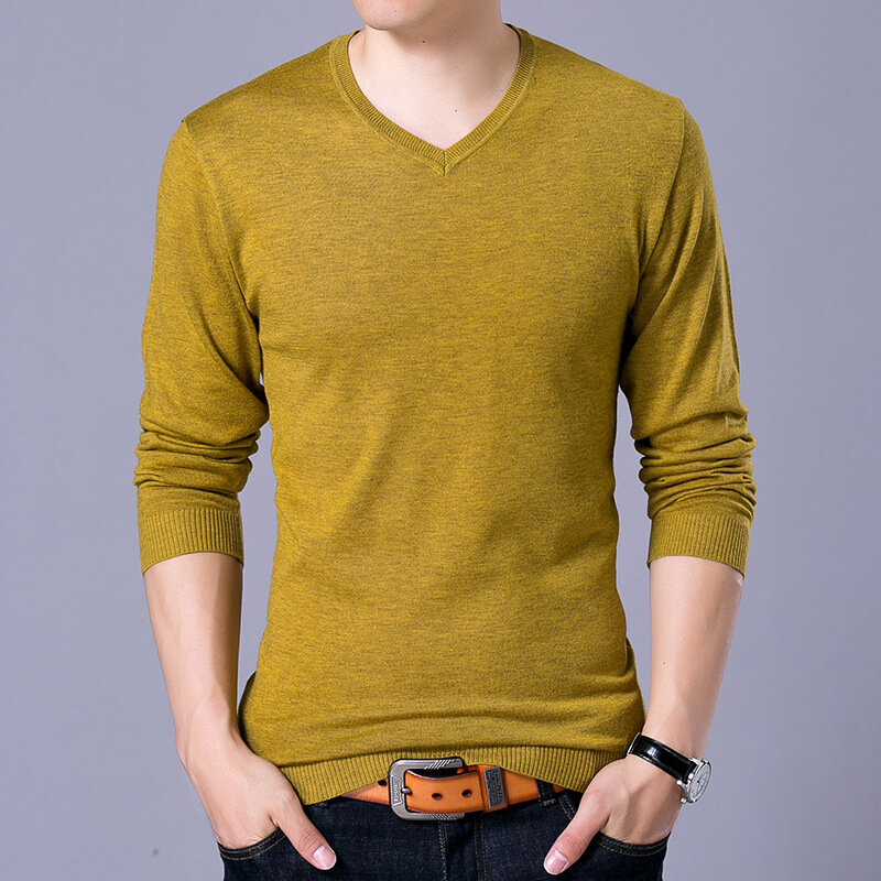MRMT Sweater wol pria, atasan kaus kasual warna murni leher V baru 2024
