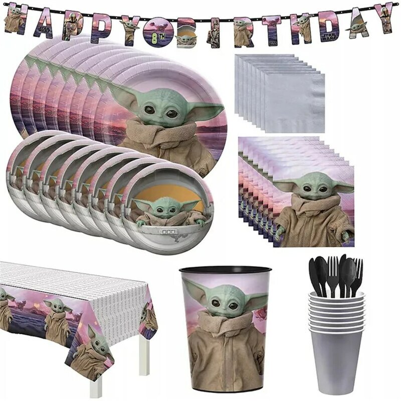 Mandalorian เด็ก Yoda Party Supplies กระดาษแผ่นถ้วยผ้ากันเปื้อนบนโต๊ะอาหารผ้าปูโต๊ะ YODA Baby Shower Party ตกแต่งบอลลูน