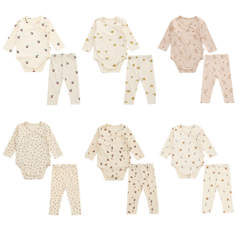 Bodysuit bebê menino e menina manga comprida, macacão recém-nascido, top e calça, conjunto de roupas estampadas, outono, inverno, 0-24m, 2 peças