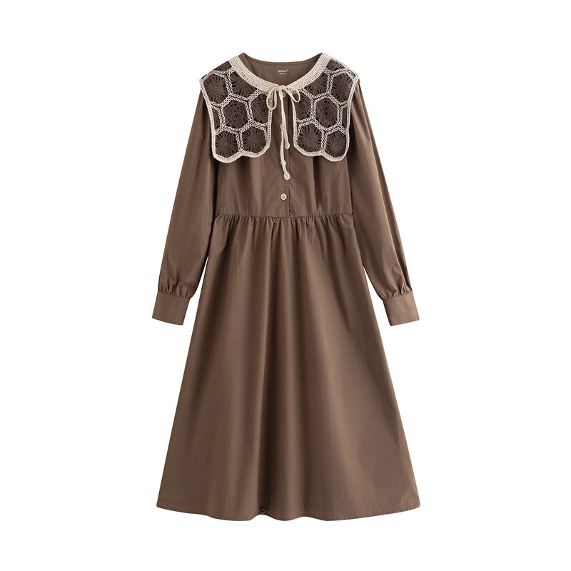 INMAN – robe d'automne pour femmes, Style rétro littéraire, conception de revers d'épissure boutons poignets ligne a marron coton une pièce