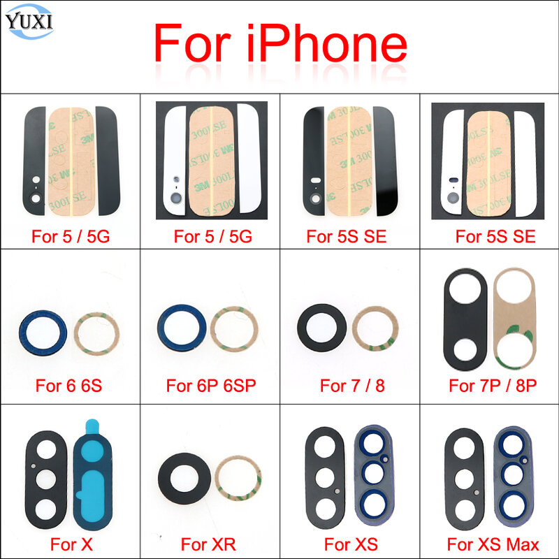 Yuxi untuk iPhone X XR X MAX 8 7 6 6S PLUS 5S SE 5 Punggung Belakang Kamera kaca Lensa dengan Perekat Suku Cadang