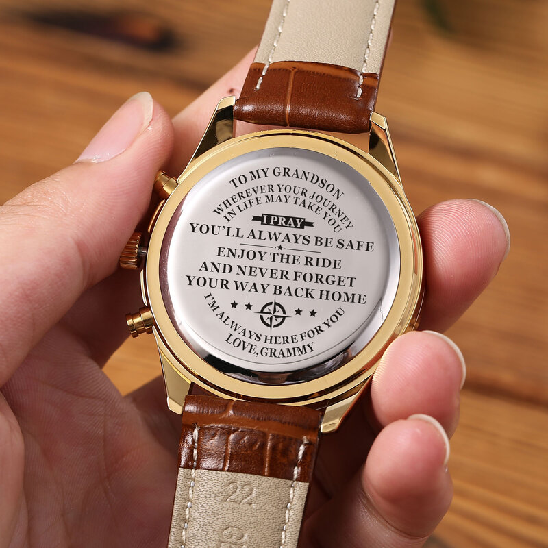Grandma To My Grandson-Reloj de pulsera de cuero para hombre, accesorio masculino de pulsera resistente al agua con correa de cuero personalizada, perfecto para cumpleaños y graduación