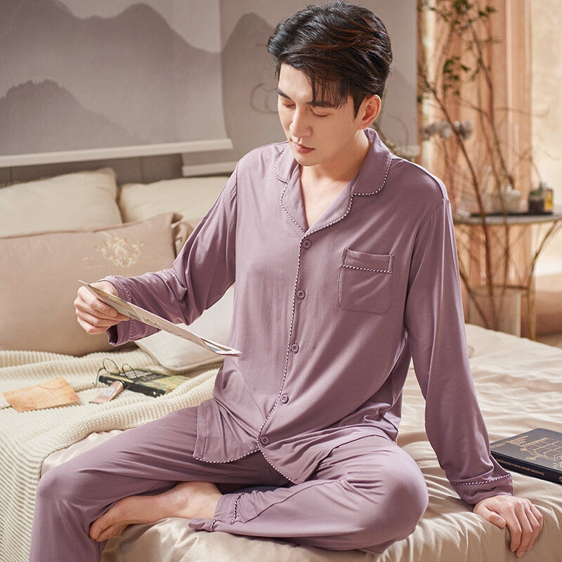 Thời Trang Đồ Ngủ Nữ Bộ Áo Dài Tay Cổ Bẻ Pijamas Hombre Thu Xuân Đồng Màu Modal Nam Casual Phù Hợp Với Áo m-3XL