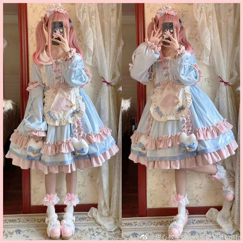 Sukienka Lolita japońska pełna rękaw słodki kociak deser stacja Lolita jesienno-zimowa Kawaii OP śliczna sukienka lekka Lo spotkanie przy herbacie sukienka