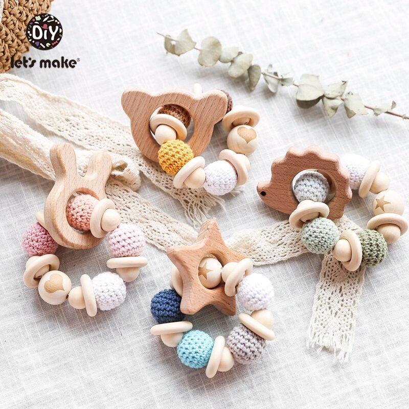 Let's Make Baby Rattle Bracelet Wooden Toys Crochet Beads Baby Teether Christmas Gift Hedgehog Elk  Wood Crafts Ring Engraved