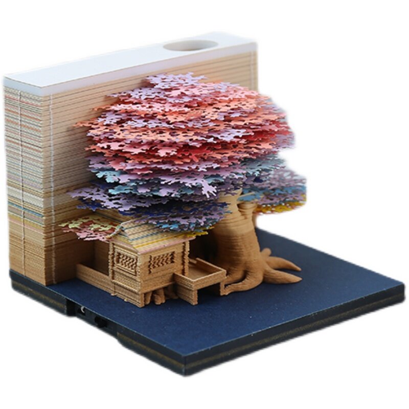 Omoshiroi Bloco 3D Memo Note, Cute Tree, Presente de Natal, Color Paper Sticky Note, Acrílico Flip Box, Craft Notepad Papelaria, DIY