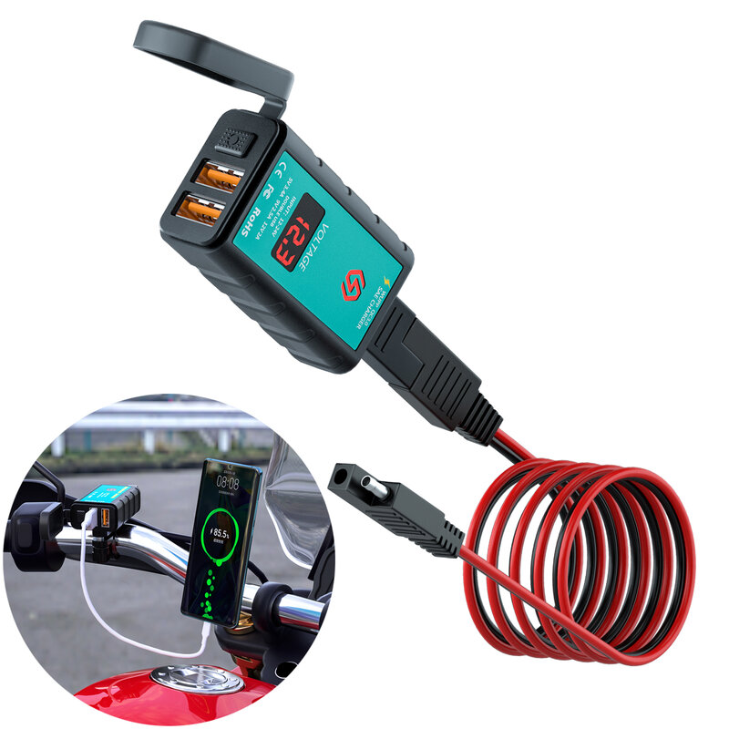 Adaptor Pengisi Daya USB Sepeda Motor Voltmeter Tahan Air Soket Catu Daya 12V Port Ganda Pengisi Daya Cepat untuk Ponsel GPS
