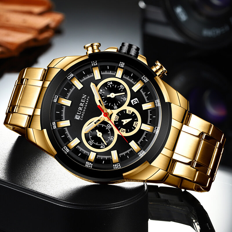 CURREN-reloj deportivo grande de lujo para hombre, cronógrafo de pulsera de cuarzo, de acero militar, diseño dorado