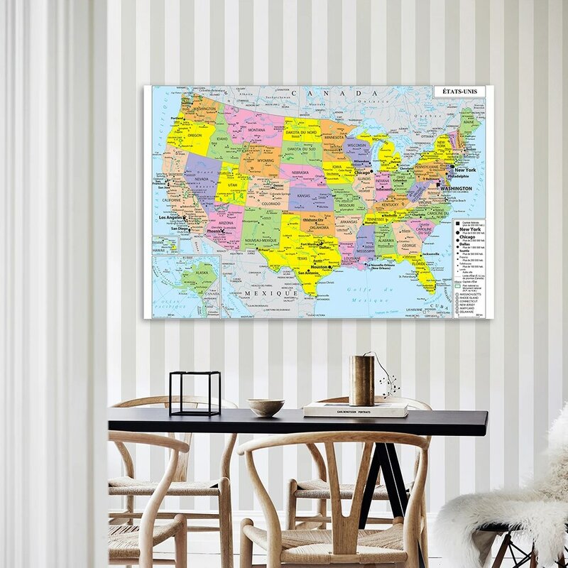 Póster de pared con mapa de América, cuadro de lienzo no tejido, material escolar, decoración del hogar en francés, mapa política de los Estados Unidos, 150x100cm