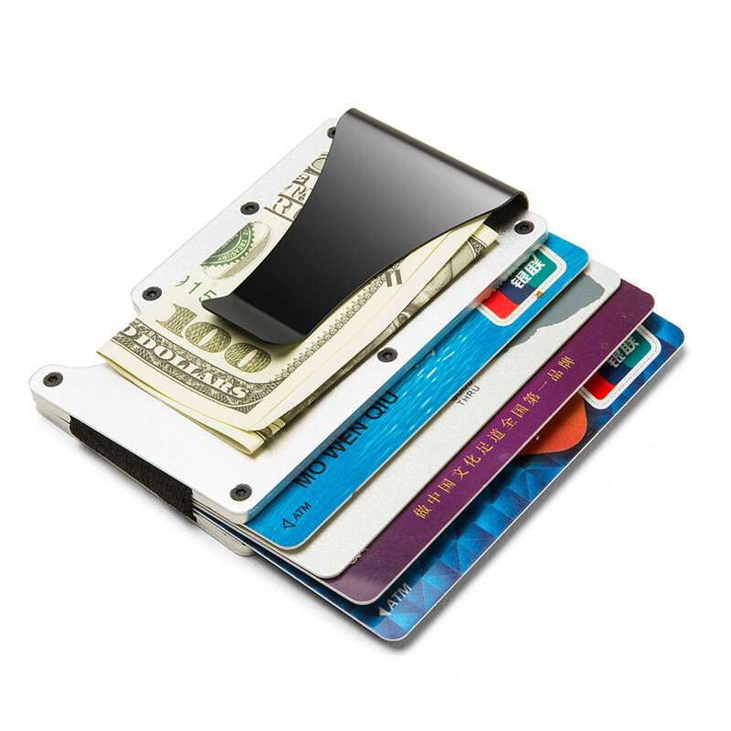 Customized Anit Rfid ID Card Holder Men Wallets Aluminium Metal Purse Male Magnetic Lock Short Wallet Women Small Book Walet Bag