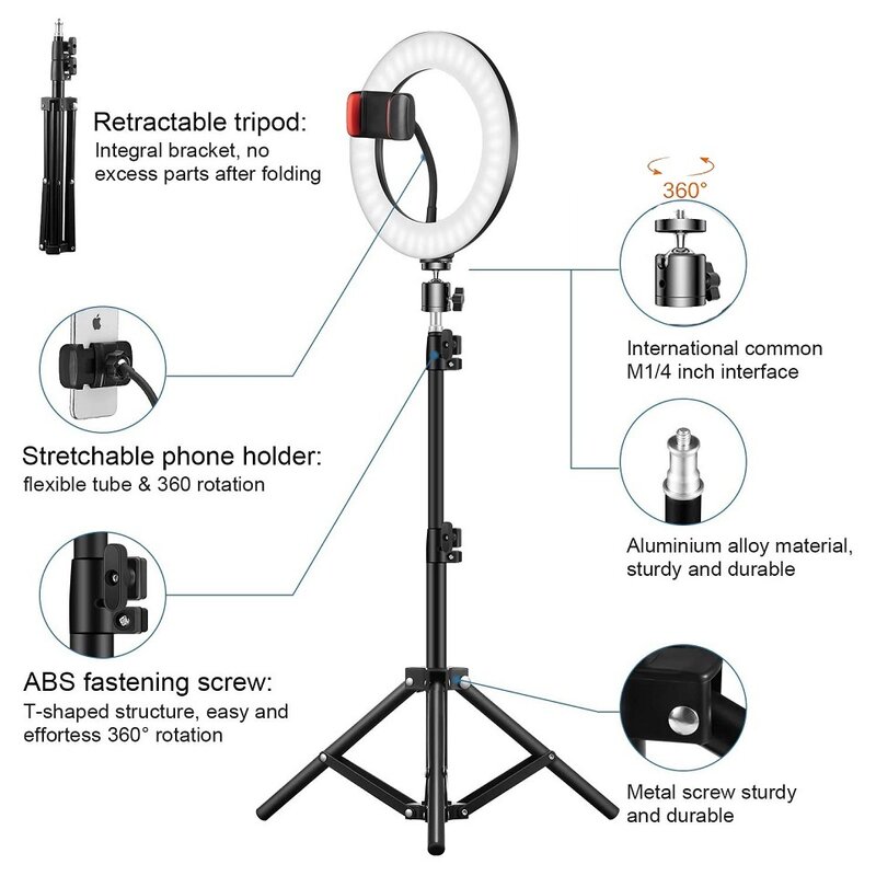 Dimmable LED selfie Ring Light, Phone Stand, Tripé Fill Light, Vídeo Fotografia Lâmpada, Trepied Streaming, 10 ", 26cm