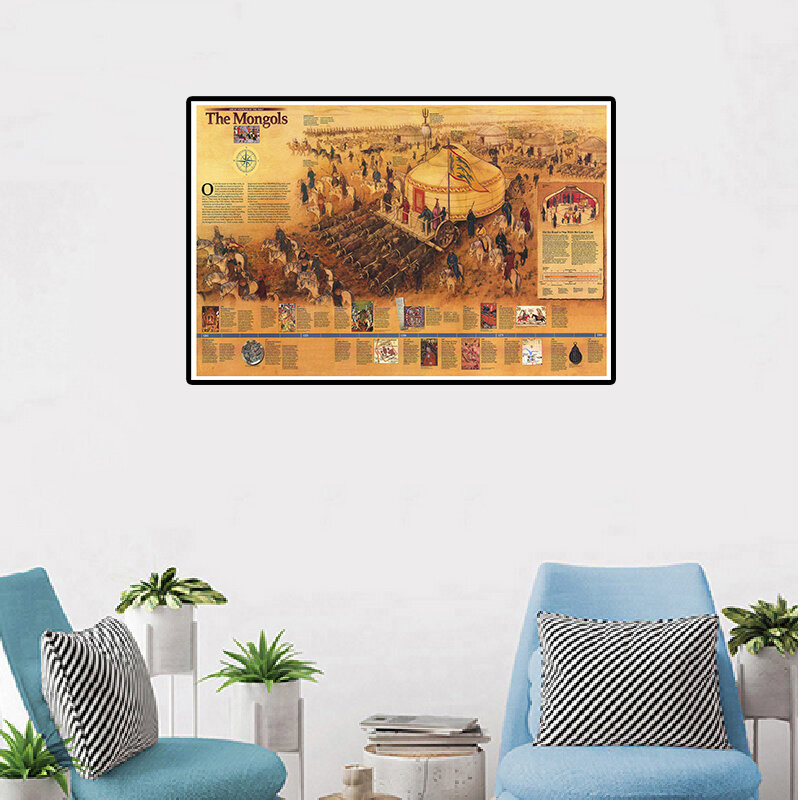 Карта монгола 90*60 см, винтажная Картина на холсте, ретро декоративная картина, настенный плакат, украшение для гостиной и дома