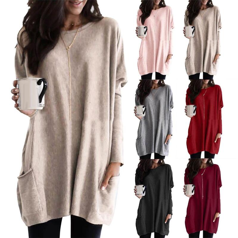 2020 New Women Casual Long Sleeve Round Neck Pullover Loose Solid Color Pocketed For Spring and autumn Tunic Top
