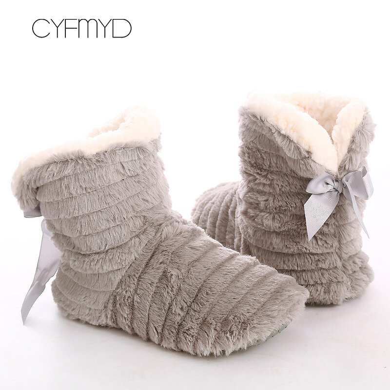 Women's Shoes Fur Slippers for Home 2022 Butterfly-knot Furry House Shoes Bedroom Slippers Girls Warm Soft Indoor Boots Slippers