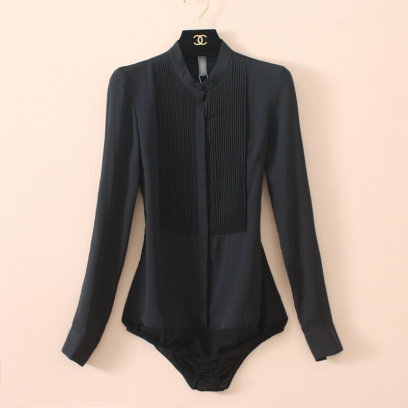 Blusa de gasa de alta calidad para mujer, body plisado frontal de manga larga para oficina, camisas con bragas, Color sólido negro y Beige