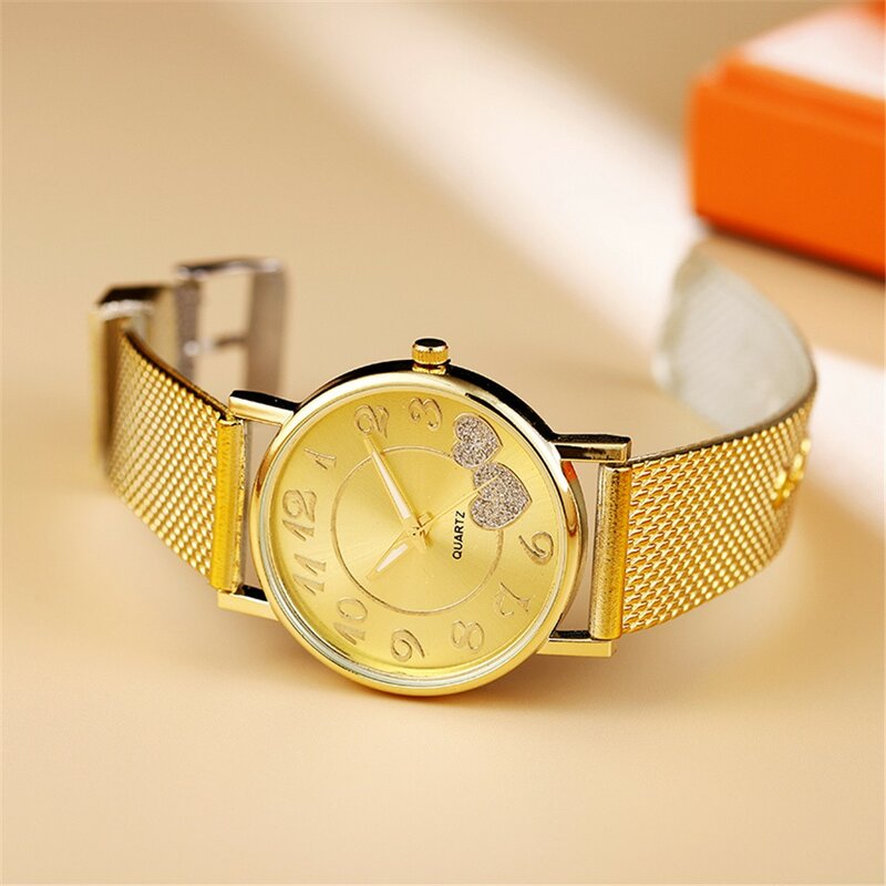 Venda quente relógios femininos de luxo moda quartzo relógios de pulso de ouro senhoras relógio de pulso de malha cinto relógio amante dial relógio criativo