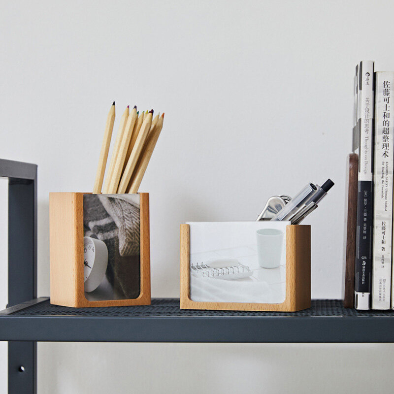 Portalápices de madera con marco para fotos, organizador de papelería de escritorio, soporte de cosméticos para lápices hecho a mano de haya