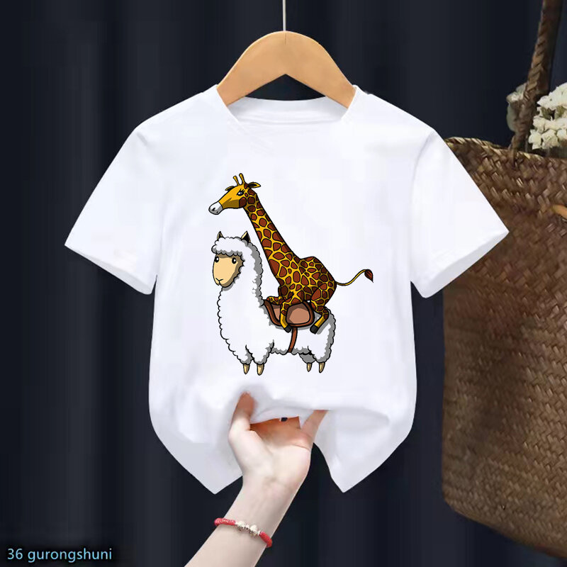 Santa Riding nadruk z żyrafą T-Shirt topy dla dziewczynek/chłopców śmieszne ubrania dla dzieci boże narodzenie T-Shirt na prezent Harajuku Kawaii dzieci koszula